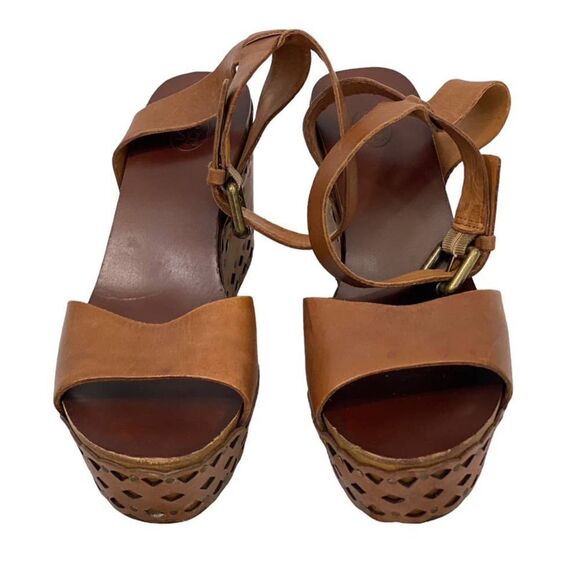 ASH Brown Leather Wedge Sandals Boho Studded Ankle Strap Women's Size 39 / US 8 - Picture 4 of 14
